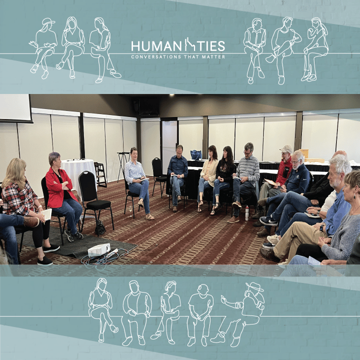 Human Ties: Conversations that Matter Graphic overlays with a group of people talking about a humanities text